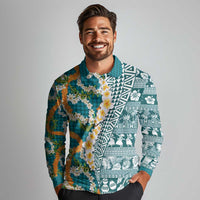 Hawaiian Plumeria Lei Long Sleeve Polo Shirt Kakau Motifs and Palaka Half Style Turquoise Color - Polynesian Pride