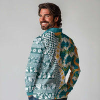 Hawaiian Plumeria Lei Long Sleeve Polo Shirt Kakau Motifs and Palaka Half Style Turquoise Color - Polynesian Pride