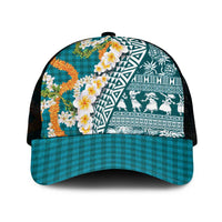 Hawaiian Plumeria Lei Mesh Trucker Cap Kakau Motifs and Palaka Half Style Turquoise Color - Polynesian Pride