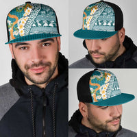 Hawaiian Plumeria Lei Mesh Trucker Cap Kakau Motifs and Palaka Half Style Turquoise Color - Polynesian Pride