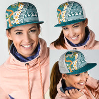 Hawaiian Plumeria Lei Mesh Trucker Cap Kakau Motifs and Palaka Half Style Turquoise Color - Polynesian Pride