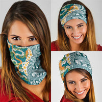 Hawaiian Plumeria Lei Neck Gaiter Kakau Motifs and Palaka Half Style Turquoise Color - Polynesian Pride