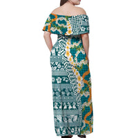 Hawaiian Plumeria Lei Off Shoulder Maxi Dress Kakau Motifs and Palaka Half Style Turquoise Color - Polynesian Pride