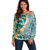 Hawaiian Plumeria Lei Off Shoulder Sweater Kakau Motifs and Palaka Half Style Turquoise Color - Polynesian Pride