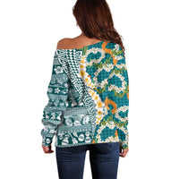 Hawaiian Plumeria Lei Off Shoulder Sweater Kakau Motifs and Palaka Half Style Turquoise Color - Polynesian Pride