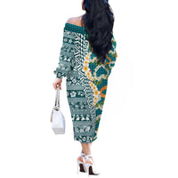 Hawaiian Plumeria Lei Off The Shoulder Long Sleeve Dress Kakau Motifs and Palaka Half Style Turquoise Color - Polynesian Pride