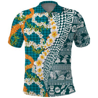 Hawaiian Plumeria Lei Polo Shirt Kakau Motifs and Palaka Half Style Turquoise Color - Polynesian Pride