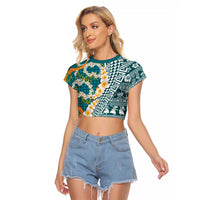 Hawaiian Plumeria Lei Raglan Cropped T Shirt Kakau Motifs and Palaka Half Style Turquoise Color - Polynesian Pride