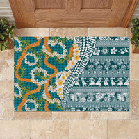 Hawaiian Plumeria Lei Rubber Doormat Kakau Motifs and Palaka Half Style Turquoise Color - Polynesian Pride