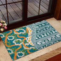 Hawaiian Plumeria Lei Rubber Doormat Kakau Motifs and Palaka Half Style Turquoise Color - Polynesian Pride