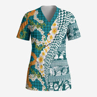 Hawaiian Plumeria Lei Scrub Top Kakau Motifs and Palaka Half Style Turquoise Color - Polynesian Pride