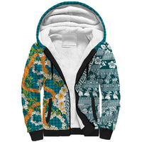 Hawaiian Plumeria Lei Sherpa Hoodie Kakau Motifs and Palaka Half Style Turquoise Color - Polynesian Pride