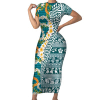 Hawaiian Plumeria Lei Short Sleeve Bodycon Dress Kakau Motifs and Palaka Half Style Turquoise Color - Polynesian Pride