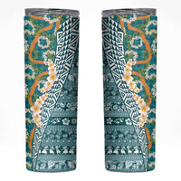 Hawaiian Plumeria Lei Skinny Tumbler Kakau Motifs and Palaka Half Style Turquoise Color - Polynesian Pride