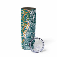 Hawaiian Plumeria Lei Skinny Tumbler Kakau Motifs and Palaka Half Style Turquoise Color - Polynesian Pride