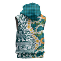 Hawaiian Plumeria Lei Sleeveless Zip Hoodie Kakau Motifs and Palaka Half Style Turquoise Color - Polynesian Pride