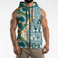 Hawaiian Plumeria Lei Sleeveless Zip Hoodie Kakau Motifs and Palaka Half Style Turquoise Color - Polynesian Pride