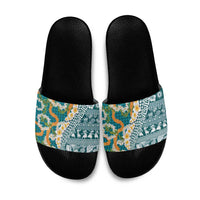 Hawaiian Plumeria Lei Slide Sandals Kakau Motifs and Palaka Half Style Turquoise Color - Polynesian Pride