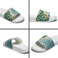 Hawaiian Plumeria Lei Slide Sandals Kakau Motifs and Palaka Half Style Turquoise Color - Polynesian Pride