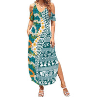 Hawaiian Plumeria Lei Summer Maxi Dress Kakau Motifs and Palaka Half Style Turquoise Color LT03 Women Turquoise - Polynesian Pride