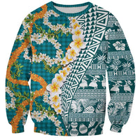 Hawaiian Plumeria Lei Sweatshirt Kakau Motifs and Palaka Half Style Turquoise Color - Polynesian Pride