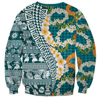 Hawaiian Plumeria Lei Sweatshirt Kakau Motifs and Palaka Half Style Turquoise Color - Polynesian Pride