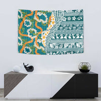 Hawaiian Plumeria Lei Tapestry Kakau Motifs and Palaka Half Style Turquoise Color - Polynesian Pride