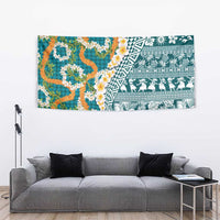 Hawaiian Plumeria Lei Tapestry Kakau Motifs and Palaka Half Style Turquoise Color - Polynesian Pride