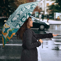 Hawaiian Plumeria Lei Umbrella Kakau Motifs and Palaka Half Style Turquoise Color - Polynesian Pride