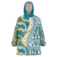 Hawaiian Plumeria Lei Wearable Blanket Hoodie Kakau Motifs and Palaka Half Style Turquoise Color - Polynesian Pride