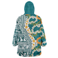 Hawaiian Plumeria Lei Wearable Blanket Hoodie Kakau Motifs and Palaka Half Style Turquoise Color - Polynesian Pride