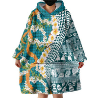 Hawaiian Plumeria Lei Wearable Blanket Hoodie Kakau Motifs and Palaka Half Style Turquoise Color - Polynesian Pride