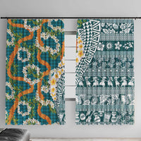 Hawaiian Plumeria Lei Window Curtain Kakau Motifs and Palaka Half Style Turquoise Color - Polynesian Pride