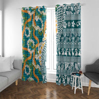 Hawaiian Plumeria Lei Window Curtain Kakau Motifs and Palaka Half Style Turquoise Color - Polynesian Pride