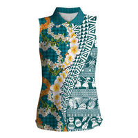Hawaiian Plumeria Lei Women Sleeveless Polo Shirt Kakau Motifs and Palaka Half Style Turquoise Color - Polynesian Pride