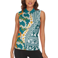 Hawaiian Plumeria Lei Women Sleeveless Polo Shirt Kakau Motifs and Palaka Half Style Turquoise Color - Polynesian Pride