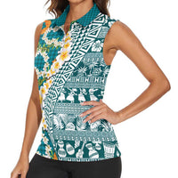 Hawaiian Plumeria Lei Women Sleeveless Polo Shirt Kakau Motifs and Palaka Half Style Turquoise Color - Polynesian Pride