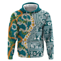 Hawaiian Plumeria Lei Zip Hoodie Kakau Motifs and Palaka Half Style Turquoise Color - Polynesian Pride