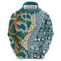 Hawaiian Plumeria Lei Zip Hoodie Kakau Motifs and Palaka Half Style Turquoise Color - Polynesian Pride