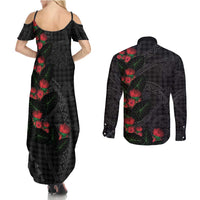 Hawaiian Kakau Art Couples Matching Summer Maxi Dress and Long Sleeve Button Shirt Taro Leaves with Ohia Lehua and Pakala Pattern - Polynesian Pride