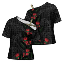 Hawaiian Kakau Art Cross Shoulder Shirt Taro Leaves with Ohia Lehua and Pakala Pattern LT03 - Polynesian Pride
