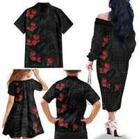 Hawaiian Kakau Art Family Matching Off The Shoulder Long Sleeve Dress and Hawaiian Shirt Taro Leaves with Ohia Lehua and Pakala Pattern - Polynesian Pride