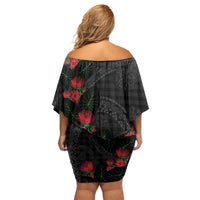 Hawaiian Kakau Art Off Shoulder Short Dress Taro Leaves with Ohia Lehua and Pakala Pattern - Polynesian Pride