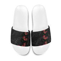 Hawaiian Kakau Art Slide Sandals Taro Leaves with Ohia Lehua and Pakala Pattern - Polynesian Pride