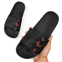 Hawaiian Kakau Art Slide Sandals Taro Leaves with Ohia Lehua and Pakala Pattern - Polynesian Pride
