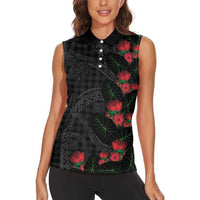 Hawaiian Kakau Art Women Sleeveless Polo Shirt Taro Leaves with Ohia Lehua and Pakala Pattern - Polynesian Pride