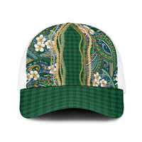 Hawaiian Art Flower Tribal with Lei Baseball Net Cap Palaka Pattern Green Color - Polynesian Pride
