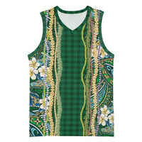 Hawaiian Art Flower Tribal with Lei Basketball Jersey Palaka Pattern Green Color - Polynesian Pride