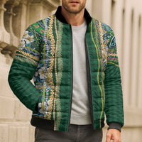 Hawaiian Art Flower Tribal with Lei Bomber Puffer Jacket Palaka Pattern Green Color - Polynesian Pride