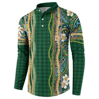 Hawaiian Art Flower Tribal with Lei Button Sweatshirt Palaka Pattern Green Color - Polynesian Pride